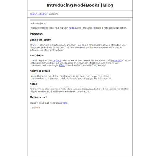 Screenshot of the "Introducing NodeBooks" post.